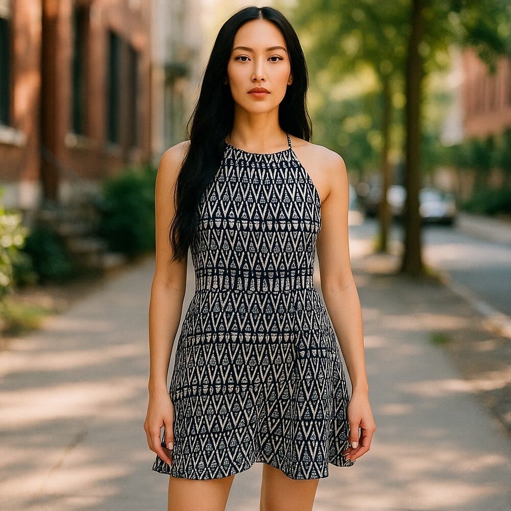 Boho Tribal Geometric Halter Neck Skater Mini Dress - Navy/White Viscose Small